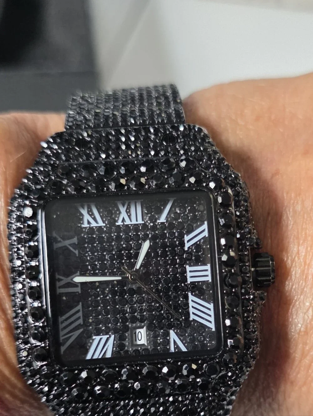 344.  Black Crystal-Embellished Square Face Watch